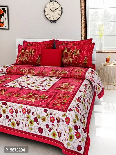 Doraya King Size Double Bed Sheet with Pillow Covers Pure Cotton Traditional Jaipuri Printed Bedcover (Red, King)-thumb0