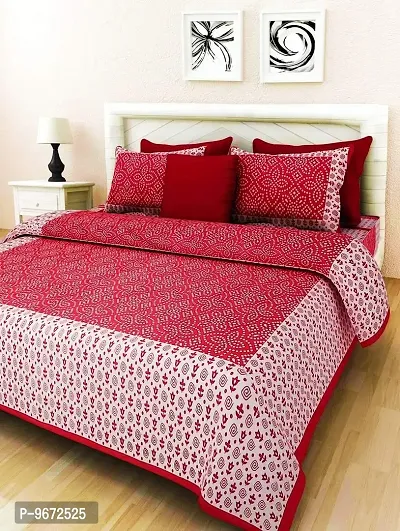 Doraya Queen Size Double Bed Sheet with Pillow Covers Pure Cotton Jaipuri Chunari Printed Bedcover (Red)-thumb0