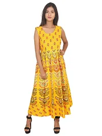 Doraya Women's Cotton Rajasthani Jaipuri Traditional Floral Printed Long Midi Maxi One Piece Dress (Yellow)-thumb1