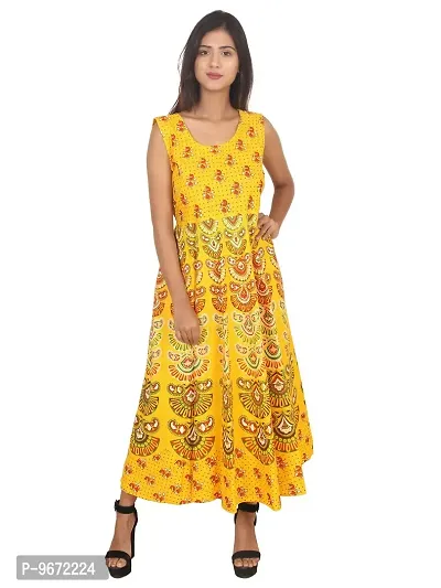 Doraya Women's Cotton Rajasthani Jaipuri Traditional Floral Printed Long Midi Maxi One Piece Dress (Yellow)-thumb2