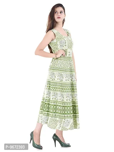 Doraya Women's Cotton Rajasthani Jaipuri Traditional Floral Printed Long Midi Maxi One Piece Dress (Green)-thumb3