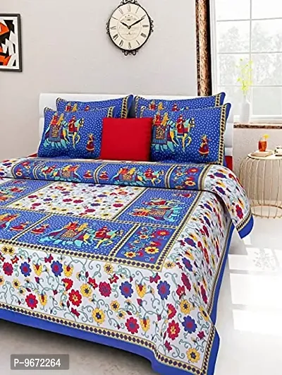 Doraya King Size Double Bed Sheet with Pillow Covers Pure Cotton Traditional Jaipuri Printed Bedcover (Blue, King)