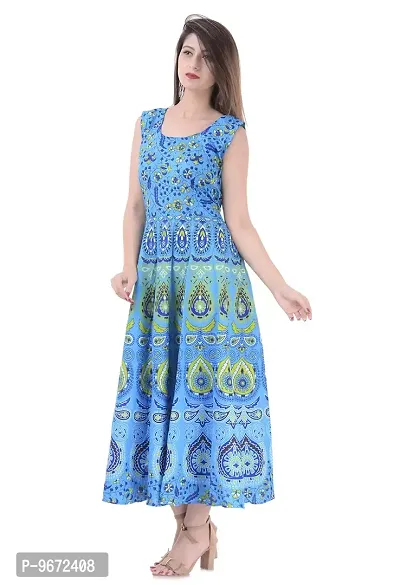 Doraya Women's Cotton Rajasthani Jaipuri Traditional Floral Printed Long Midi Maxi One Piece Dress (Blue)