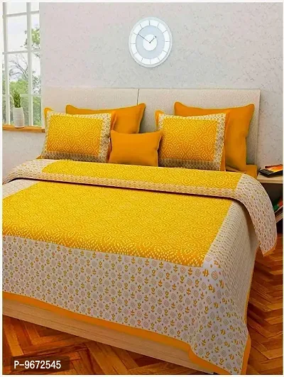 Doraya Queen Size Double Bed Sheet with Pillow Covers Pure Cotton Jaipuri Chunari Printed Bedcover (Yellow)-thumb0