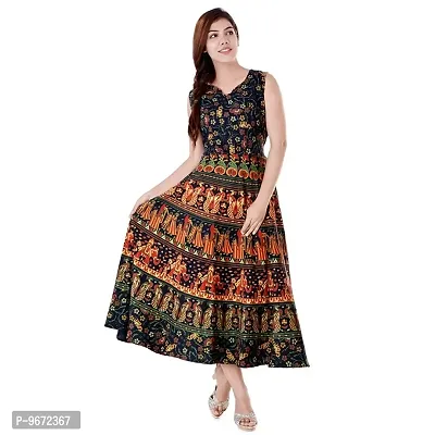 Doraya Women's Cotton Rajasthani Jaipuri Traditional Floral Printed Long Midi Maxi One Piece Dress (Green) (Green)-thumb5