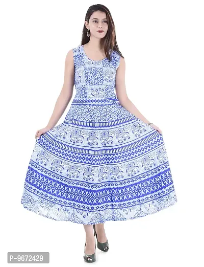 Doraya Women's Cotton Rajasthani Jaipuri Traditional Floral Printed Long Midi Maxi One Piece Dress (Blue)