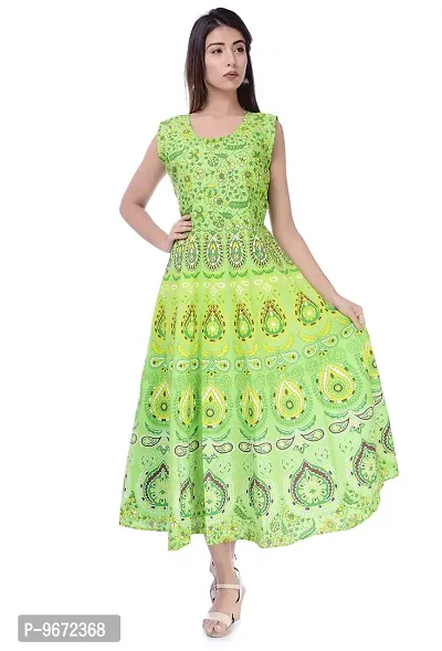 Doraya Women's Cotton Rajasthani Jaipuri Traditional Floral Printed Long Midi Maxi One Piece Dress (Green)