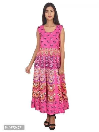 Doraya Women's Cotton Rajasthani Jaipuri Traditional Floral Printed Long Midi Maxi One Piece Dress (Pink)-thumb0