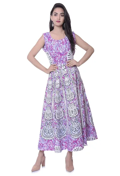 Doraya Women's Cotton Rajasthani Jaipuri Traditional Floral Printed Long Midi Maxi One Piece Dress