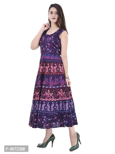 Doraya Women's Cotton Rajasthani Jaipuri Traditional Floral Printed Long Midi Maxi One Piece Dress (Purple)-thumb2