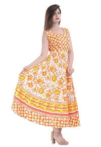 Doraya Women's Cotton Rajasthani Jaipuri Traditional Floral Printed Long Midi Maxi One Piece Dress (Yellow)-thumb3