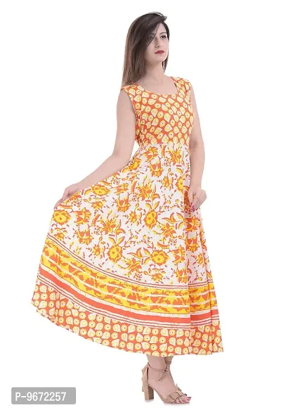 Doraya Women's Cotton Rajasthani Jaipuri Traditional Floral Printed Long Midi Maxi One Piece Dress (Yellow)-thumb4