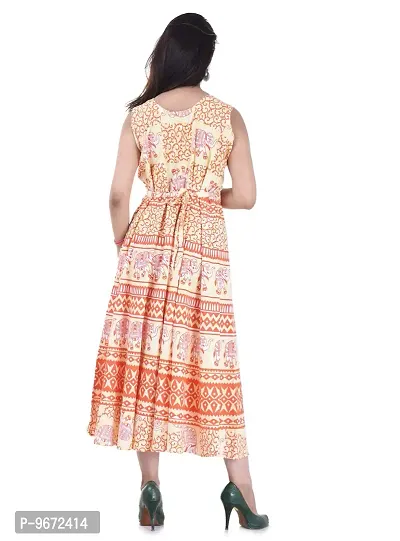 Doraya Women's Cotton Rajasthani Jaipuri Traditional Floral Printed Long Midi Maxi One Piece Dress (Orange)-thumb4