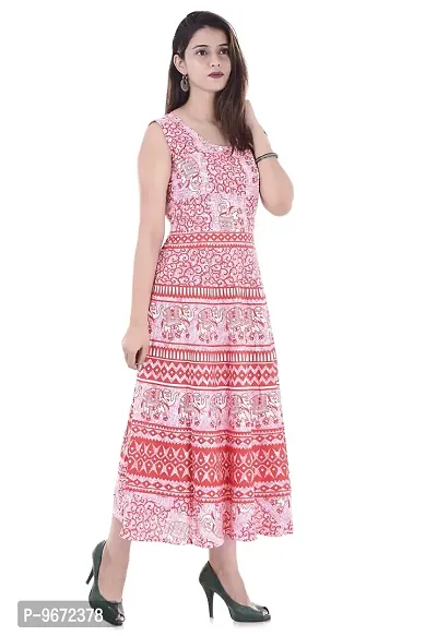 Doraya Women's Cotton Rajasthani Jaipuri Traditional Floral Printed Long Midi Maxi One Piece Dress (Pink)-thumb2