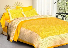 Doraya Queen Size Double Bed Sheet with Pillow Covers Pure Cotton Jaipuri Chunari Printed Bedcover (Yellow)-thumb1