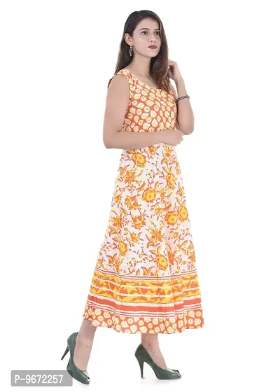 Doraya Women's Cotton Rajasthani Jaipuri Traditional Floral Printed Long Midi Maxi One Piece Dress (Yellow)-thumb2