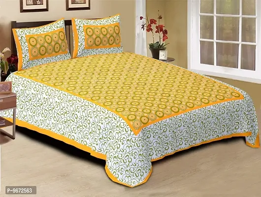 Doraya Queen Size Double Bed Sheet with Pillow Covers Pure Cotton Jaipuri Printed Bedcover (Yellow)