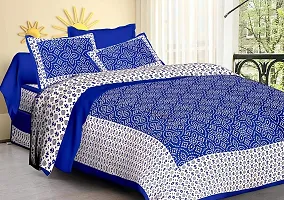 Doraya Queen Size Double Bed Sheet with Pillow Covers Pure Cotton Jaipuri Chunari Printed Bedcover (Blue)-thumb1