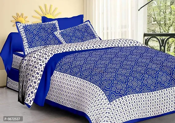 Doraya Queen Size Double Bed Sheet with Pillow Covers Pure Cotton Jaipuri Chunari Printed Bedcover (Blue)-thumb2