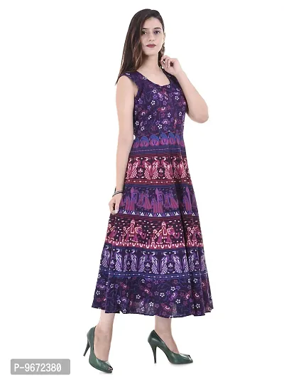 Doraya Women's Cotton Rajasthani Jaipuri Traditional Floral Printed Long Midi Maxi One Piece Dress (Purple)-thumb3