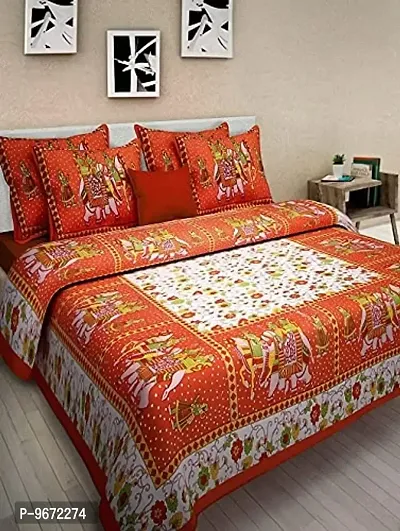 Doraya King Size Double Bed Sheet with Pillow Covers Pure Cotton Traditional Jaipuri Printed Bedcover (Orange, King)-thumb0