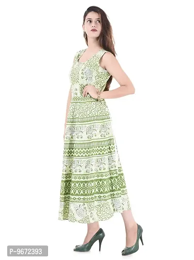 Doraya Women's Cotton Rajasthani Jaipuri Traditional Floral Printed Long Midi Maxi One Piece Dress (Green)-thumb2