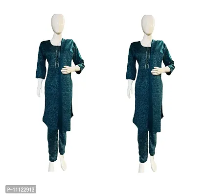 A-Line Green Wool Kurta, Bottom And Dupatta Set For Women