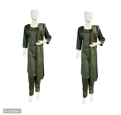 A-Line Green Wool Kurta, Bottom And Dupatta Set For Women-thumb0