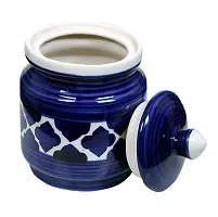 RAJ ROYAL Hand Painted Ceramic Cornichon Storage Jar for Pickle, Dry items White Pottery Dry Food Storage Container Donga with Lid For Kitchen, Home - Multipurpose Storage Canister (Blue) - 500 Grams-thumb1