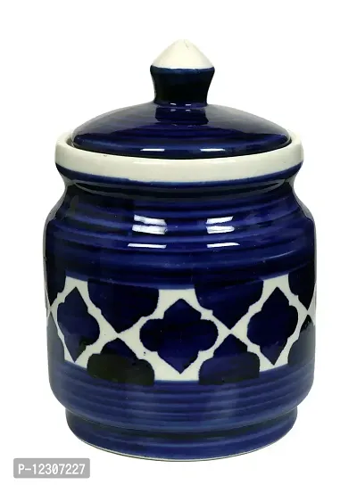 RAJ ROYAL Hand Painted Ceramic Cornichon Storage Jar for Pickle, Dry items White Pottery Dry Food Storage Container Donga with Lid For Kitchen, Home - Multipurpose Storage Canister (Blue) - 500 Grams-thumb0