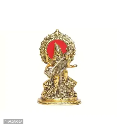 Maa Saraswati Siting Gold Plated Metal Statue Hindu Goddess Maa Veena Vadini Saraswati Idol