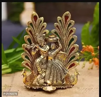 Radha Krishna Idol Statue With Diya Peacock Design Decorative Showpiece-thumb0