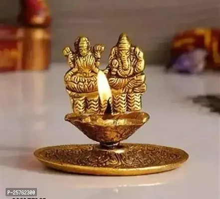Goddess Laxmi Lord Ganesha Golden Metal Diya-thumb0