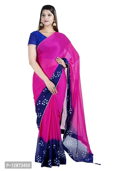 Womens Latest Bandhani Design Rani And Blue Color Pure Chinon Fabric Saree With Blouse Size 6.40M
