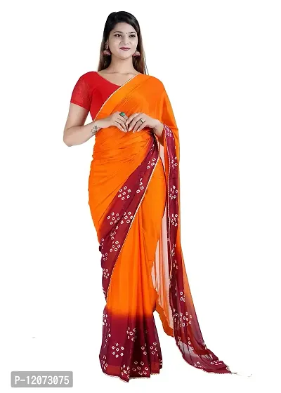 Womens Latest Bandhani Design Orange And Coffee Color Pure Chinon Fabric Saree With Blouse Size 6.40M