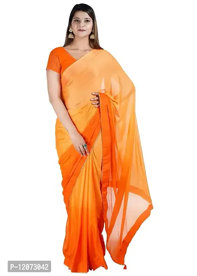 MJN EXPORT Half And Half Design Pure Chinon Silk Fabric Tongerine And Tiger Orange Color Saree With Blouse Size 6.40M