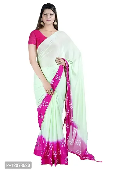 Womens Latest Bandhani Design CGreen And Rani Color Pure Chinon Fabric Saree With Blouse Size 6.40M