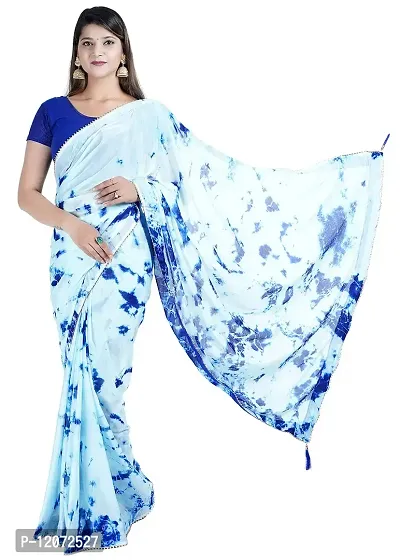 Womens Aqua Blue Color Bati Design Pure Chinon Fabric Lace Border Saree With Running Blouse Size 6.40M-thumb0