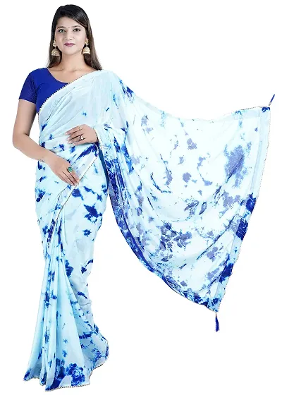 Womens Aqua Blue Color Bati Design Pure Chinon Fabric Lace Border Saree With Running Blouse Size 6.40M