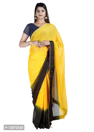 MJN EXPORT Half And Half Design Pure Chinon Silk Fabric Baby Yellow And Black Saree With Blouse Size 6.40M-thumb0
