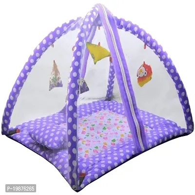MOMY MOM Polka Dots Infant Baby Bedding Set with Mosquito Net | Newborn Play Gym with Hanging Toys | New Born Infants Machardani Sleeping Bed; Polycoton, 0-12 Months, 60x60x50 cm- (Polka Dots Purple)