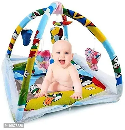 MUMLIKE Baby Bedding Set with Double Layer Bed/Mosquito Net/Play Gym with Hanging Toys/Activity Play Centre (Blue, 0-12 Months)