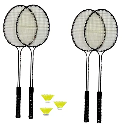 Double Shaft Racket With 3 Plastic Shuttle Cock / Badminton kit Pack Of 4