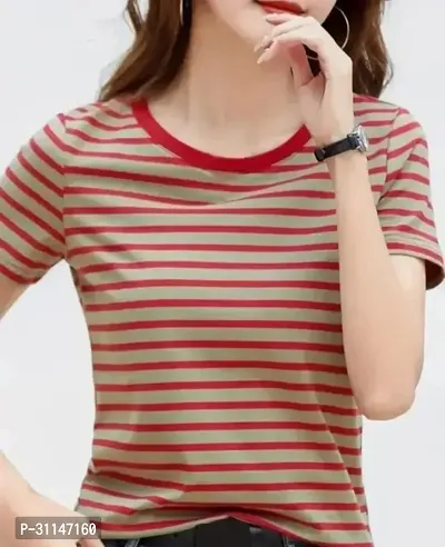 Elegant Red Cotton Blend Striped Tshirt For Women