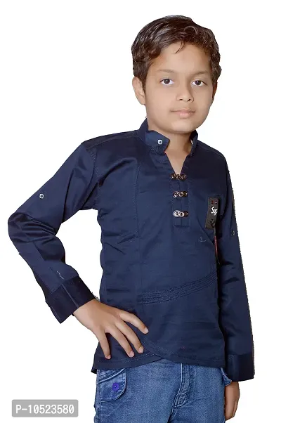 BRATS N BEAUTY - Kurta Style Blue Colour Boys Desinger Cotton Shirt for 7-8 Year Kids