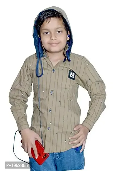 BRATS N BEAUTY - Boys Cotton Green Colour Desinger Hodded Shirt with Ear Phone Lead for 6-7 Year Kids