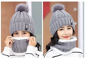 BRATS N BEAUTY? - Stylish Women's Girl's Winter Woolen Warm and Snow Proof Soft Beanie Cap and Scarf Set (Fur Inside) Women Winter caps Grey Color-thumb1