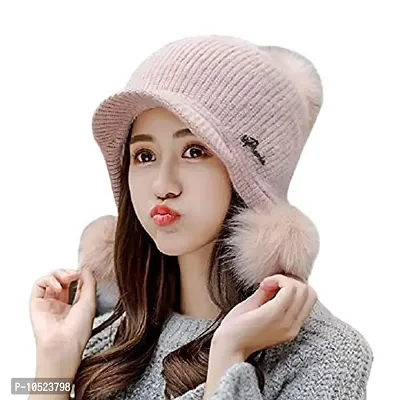 BRATS N BEAUTY? Girl Thicken Ski Snow Cap Fur Pompoms Winter Wool Women Beanie Hats Female Skullies Warm Knit Hat Pink Color-thumb0