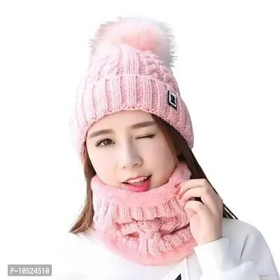 BRATS N BEAUTY?-Winter Scarf Cap Thickened Winter Hairball Women Hat Warm Beanie Knitted Pompom Cap with Scarf for Girls Pink Colour