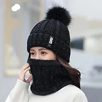 BRATS N BEAUTY? - Stylish Women's Girl's Winter Woolen Warm and Snow Proof Soft Beanie Cap and Scarf Set (Fur Inside) Women Winter caps Black Color-thumb1